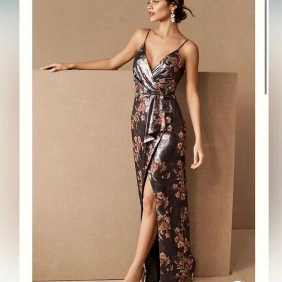 ML Monique Lhuillier Size 16 Floral Sequin Surplice Gown - Picture 4 of 9